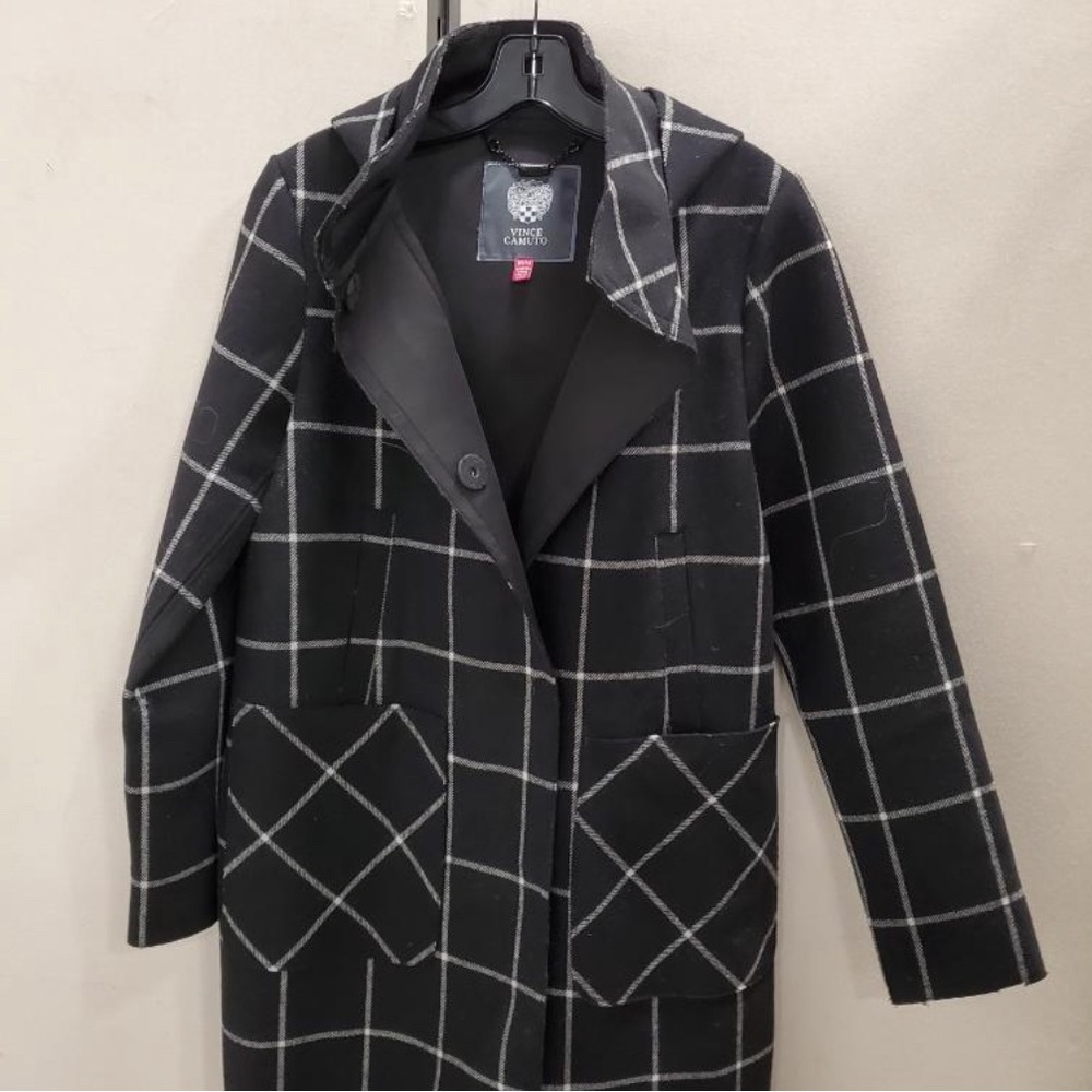 Vince Camuto M black whit plaid hooded coat